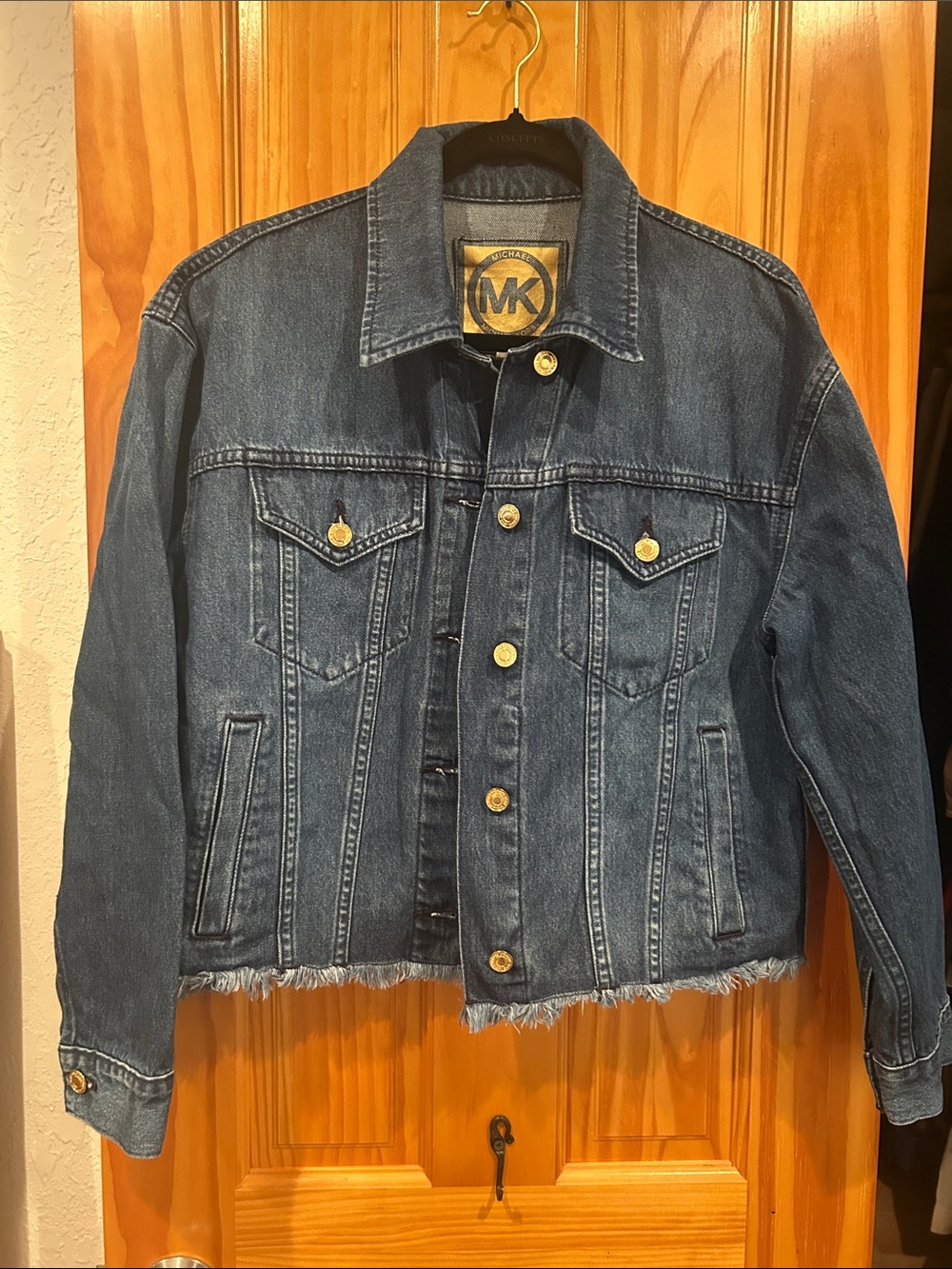 Michael Kors Indigo Blue Denim Trucker Jacket with Frayed Hem